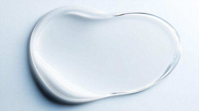 Clear gel droplet creating a fluid, transparent texture smear on a light blue background, representing hydration and skincare