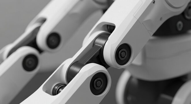 Close-up view of a sophisticated robotic joint showcasing intricate mechanical engineering and advanced technology in a futuristic setting