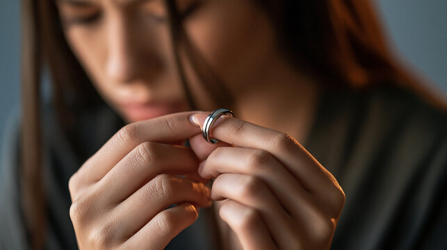 Faceless frustrated woman holding an engagement ring, personal reflection, relationship decision, emotional moment, life transition, with copy space