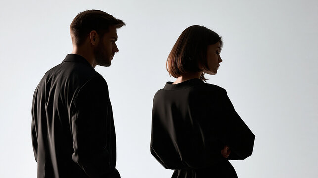 Silhouette of a faceless couple with backs turned, relationship distance, emotional tension, communication breakdown, personal reflection, with copy space