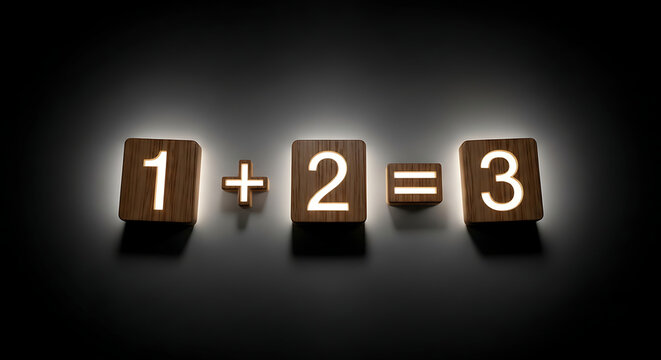 Wooden blocks showing one plus two equals three math equation on dark background