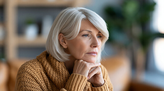 Thoughtful faceless mature senior woman feeling worried about life challenges, aging concerns, loneliness reflection, senior wellbeing, emotional contemplation, mental health