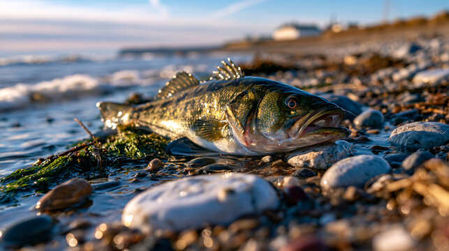 Freshly caught fish lying on rocky shoreline beach during golden hour sunset light