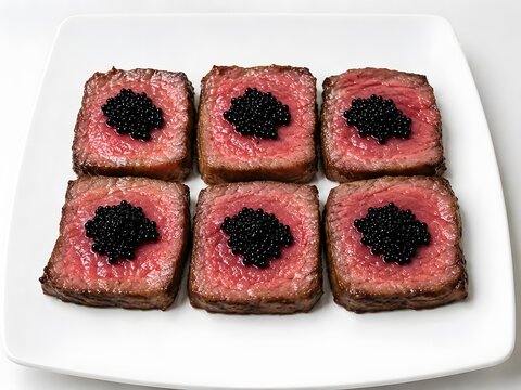Medium Rare Beef Steak Bites Topped with Black Caviar