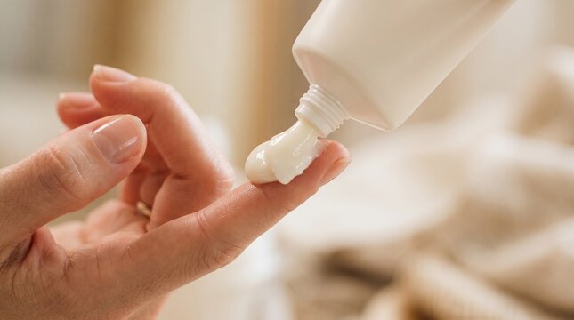 Skincare cream squeezed from tube onto finger for facial treatment and beauty routine