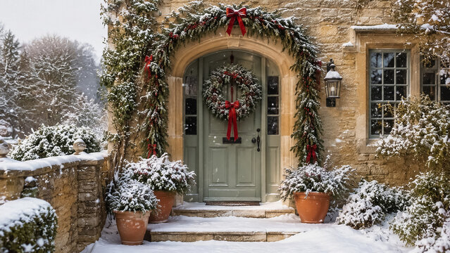 Traditional stone cottage entrance during winter, adorned with Christmas wreath and evergreen garland, covered in fresh falling snow