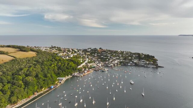 Polruan over River Fowey from a drone, Cornwall, England