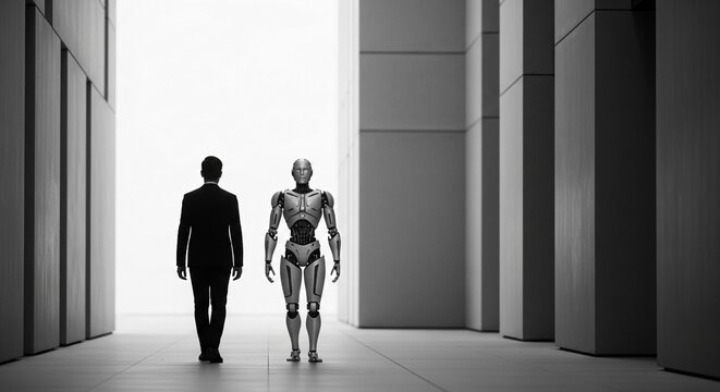 Human in a suit and a humanoid robot walking in a modern architectural space