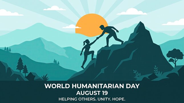 World Humanitarian Day August 19 banner showing two mountain climbers helping each other at sunrise