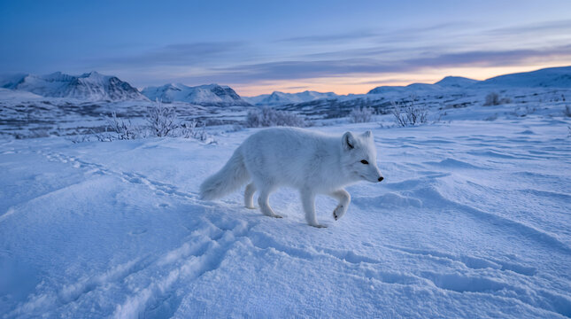 White fox walking across textured snow under soft blue, realistic wildlife photography