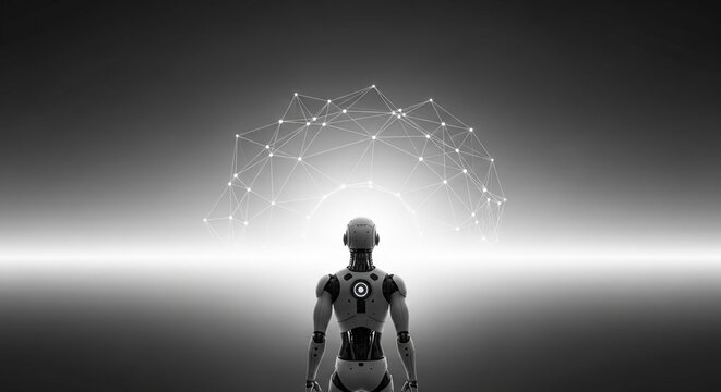 Humanoid robot connects to digital network creating future technology and artificial intelligence