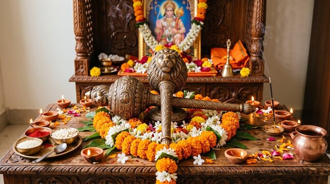 Balarama Jayanti Decorated Bronze Gada and Plough Altar with Flowers