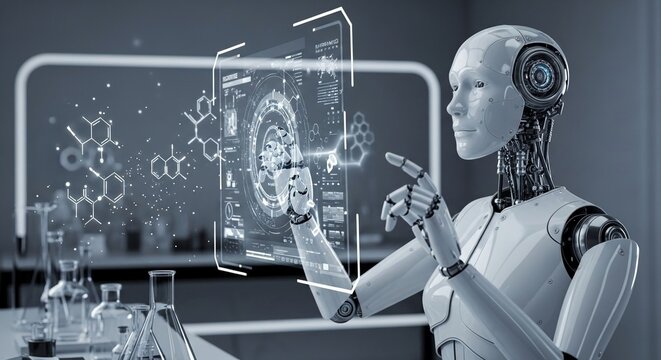 Humanoid robot interacts with futuristic digital interface displaying scientific data and molecular structures, showcasing advanced artificial intelligence and research