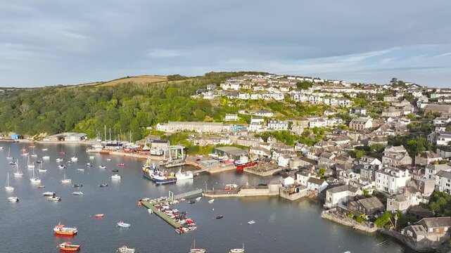 Polruan over River Fowey from a drone, Cornwall, England