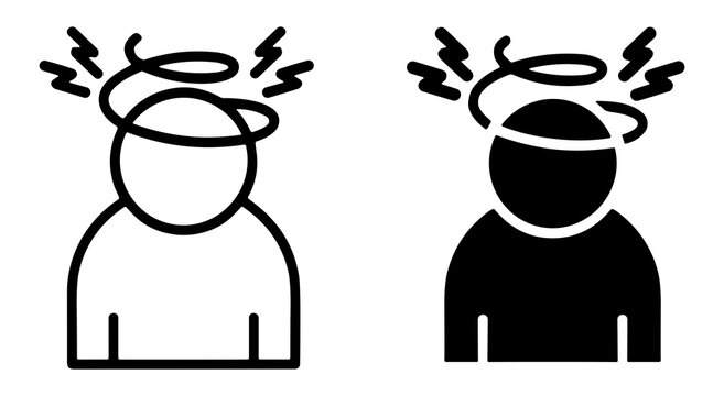 Two stylized figures representing confusion or dizziness with swirling lines above their heads