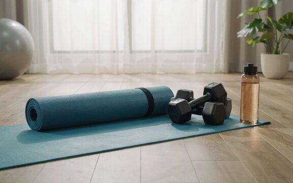 Blue rolled yoga mat with black dumbbells and clear water bottle placed neatly on wooden floor inside bright home gym studio setting during morning sunlight for daily healthy fitness training.