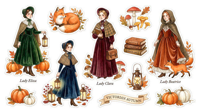 Victorian autumn stickers, vintage illustrations, fall fashion, historical attire, seasonal design, harvest motifs, lanterns, woodland animals, mushrooms, retro style, decorative elements