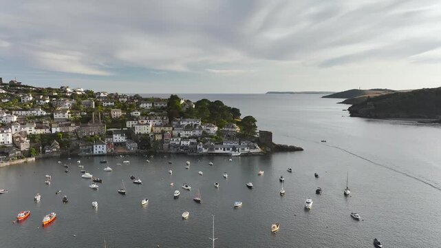 Polruan over River Fowey from a drone, Cornwall, England