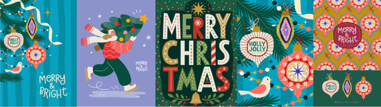 Merry Christmas and Happy New Year. 2027. Vector playful hand-drawn illustrations of ornament, whimsical Christmas tree decorations, ice skater, bold lettering, bird, pine branches and seamles pattern
