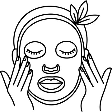 Woman applying facial sheet mask, skincare routine, beauty treatment, self-care, clean line art icon