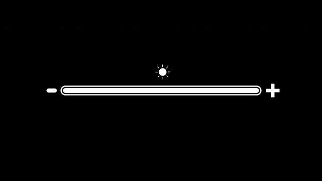brightness adjustment bar horizontal with mines and plus sun icon sign on transparent background, 4k video