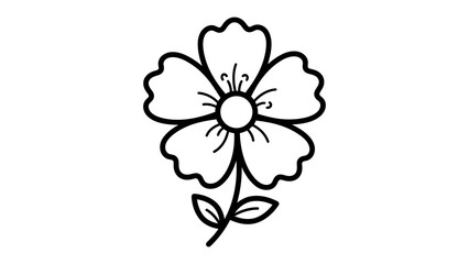 Fototapeta premium Simple Flower Outline: A minimalist black and white line drawing of a single flower with five petals and a stem with two leaves, representing simplicity and natural beauty.