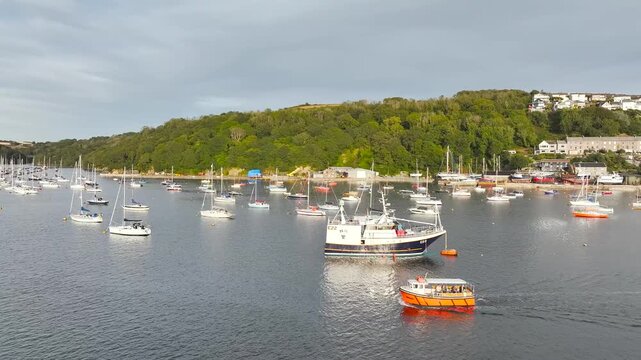 Polruan over River Fowey from a drone, Cornwall, England