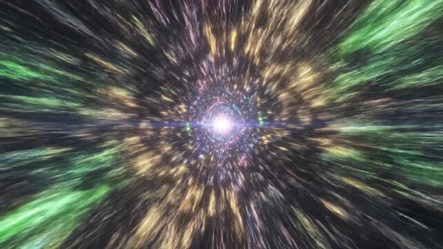 Fast wormhole travel through colorful star warp tunnel in deep space