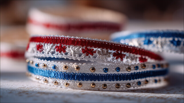 Close-up of Slovak patriotic decorative ribbons, embroidered lace, wooden folk ornaments, soft bokeh background, macro photography, highly detailed, no people