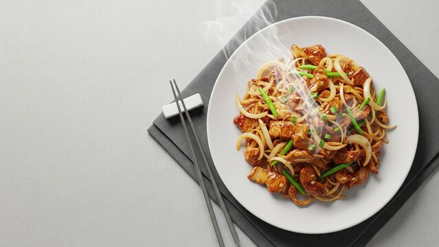 Elegant Sizzling Sisig Plate on Linen Tablecloth