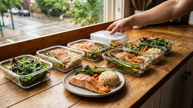Preparing healthy salmon and vegetable meals in glass containers for the week