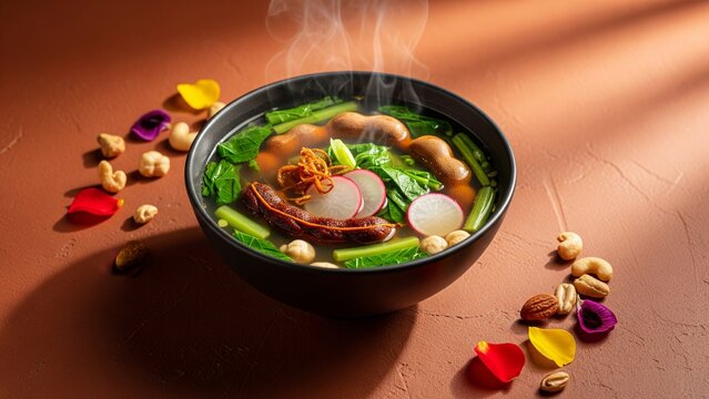 Steaming Bowl of Sinigang with Vibrant Ingredients