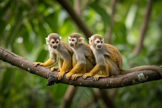 Three small squirrel monkeys sitting together on a thick tree branch in a lush tropical forest with green foliage in the background
