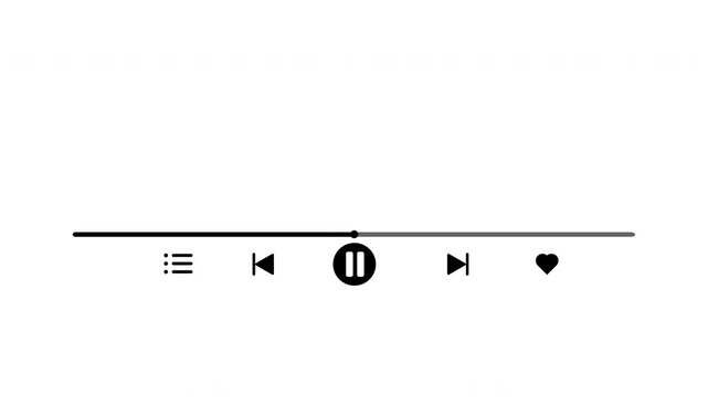 music player mp3 interface, playback control long with icon sign playlist queue, backward, forward, love favorite song on transparent background, 4k video