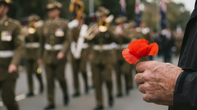 Hand holding poppy with blurred soldiers in background