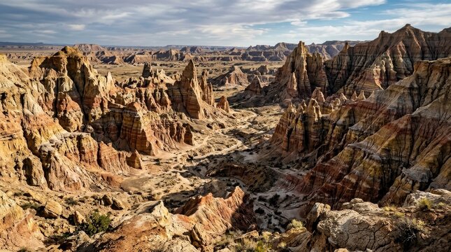 Dramatic geological formations sculpt an arid badlands landscape with intricate rock spires under a cloudy sky.