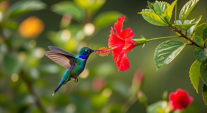 Hummingbird Feeding on a Colorful Flower in Natural Garden