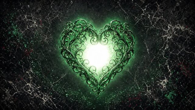 Gothic ornate glowing green heart illustration with vintage filigree patterns on dark textured background