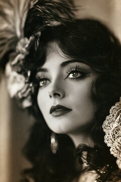 Portrait vintage d'une jeune femme aux traits expressifs et &eacute;l&eacute;gants