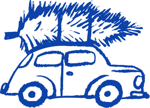 Vintage hand drawn old car with Christmas tree. Crayon doodle sketch ornament. Holiday isolated vector sticker isolated illustration.