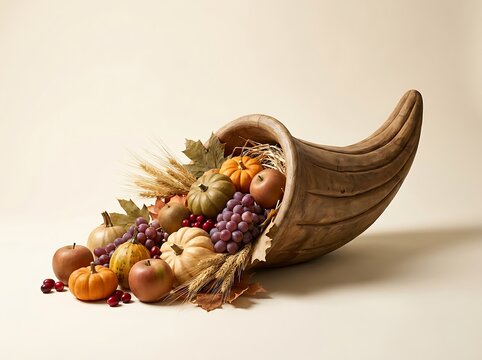 Abundant harvest overflowing cornucopia with autumn fruits and vegetables against a soft studio background