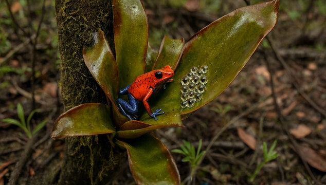 Strawberry Poison Dart Frog (Oophaga pumilio) in Its Natural Central American Forest Habitat