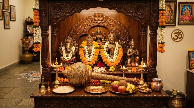 Balarama Jayanti Altar with Golden Mace and Plough Weapon in Hindu Temple with Oil Lamps and Flower Offerings