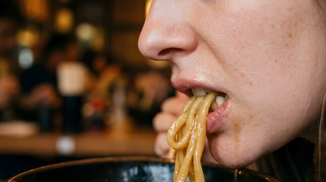 Side view of face eating noodle soup at local restaurant