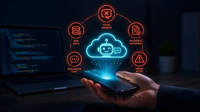 Hand holding smartphone projecting holographic AI cloud bot surrounded by red warning icons labeling bad data false answers incorrect documents.