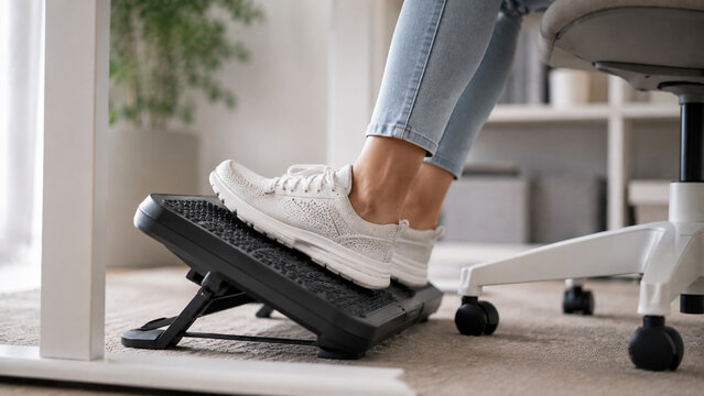 Close up of feet resting on ergonomic adjustable footrest under office desk for healthy sitting posture
