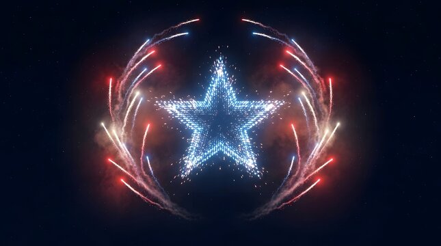 Patriotic glowing star inside a circular spark frame with red, white, and blue firework effects on dark background