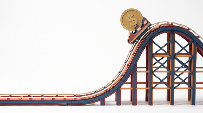 Papercraft Roller Coaster with Dollar Coin Symbolizing Economic Crash and Financial Volatility