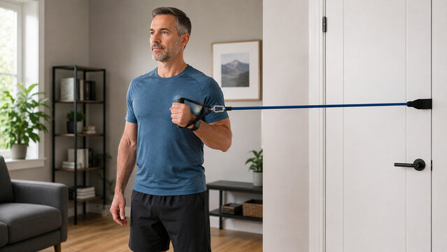 Man performing resistance band exercise at home for shoulder strength and upper body rehabilitation