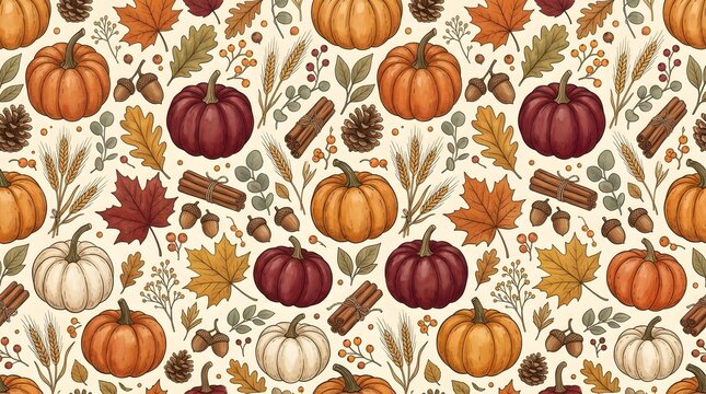 Autumn seamless pattern with pumpkins, fall leaves, acorns, and cinnamon sticks